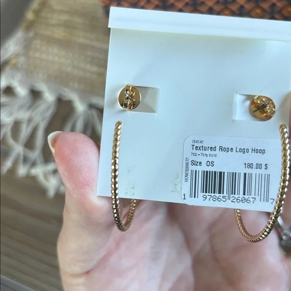 Tory Burch Gold Logo Textured Hoop Earrings - Picture 5 of 9
